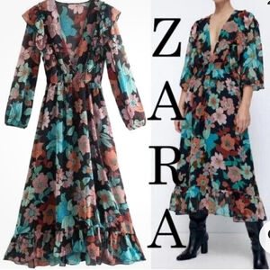 Zara Bloggers favorite Floral Deep V Plunge Neckline Midi Dress Maxi
